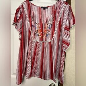 Signature Studio Womens 3X Red White Striped Floral Embroidered Boho‎ Blouse Top